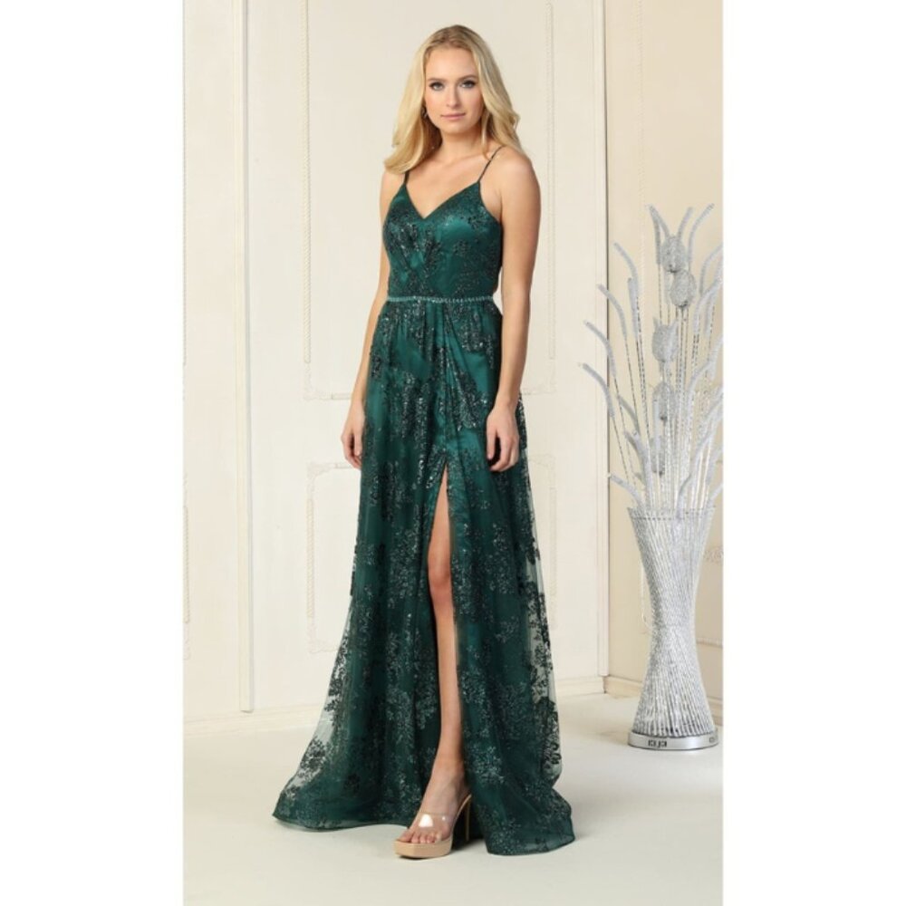 Hunter Green Evening Long V-Neck Sleeveless A-Line Dress By May Queen MQ1787
